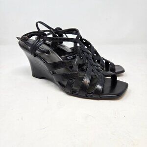 Vintage Nickels Womens Black Leather Wedge Heel Strappy Sandals Size 6.5M